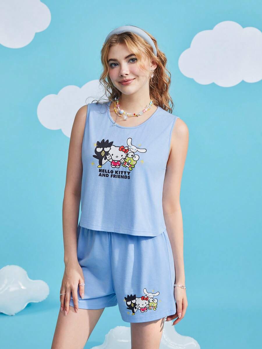 HELLO KITTY AND FRIENDS | SHEIN 卡通與字母圖形背心和短褲 - 藍色 - 查看 1