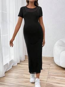 SHEIN Maternity Round Neck Solid Color Slim Fit Mid-Length Maternity Dress - Black - View 4