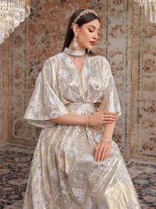 Modelyn Women's Long Hollow Out Arabic Style Stand Collar Dress