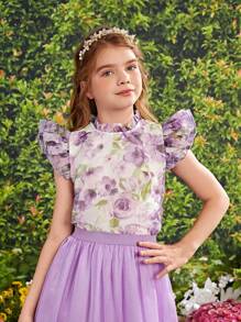 SHEIN Camisa De Organza Elegante De Patrón Floral Con Cuello De Encaje Francés Para Niñas Adolescentes Con Mangas Doble Capa Con Volantes Plisados