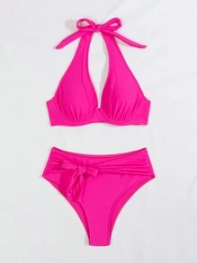 SHEIN Swim 夏季女士吊带侧蝴蝶结抹胸比基尼套装 - 粉色 - 查看 5