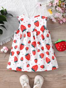 SHEIN Baby Girl Strawberry Printed Sleeveless Dress - Red - View 2