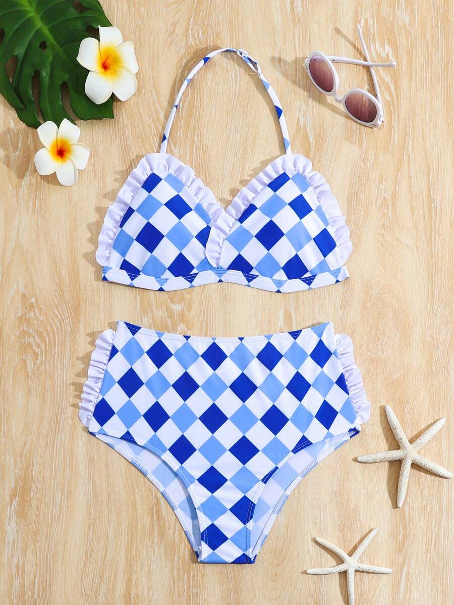 Teen Girl Diamond Pattern Halter Neck Bikini Set Summer Beach - Blue and White - View 1