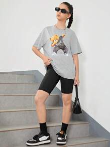 SHEIN Thiếu niên Cô gái Đan Lỏng lẻo phù hợp Ngắn tay Áo thun Với Gấu In Mẫu - Màu Xám nhạt - Xem 3