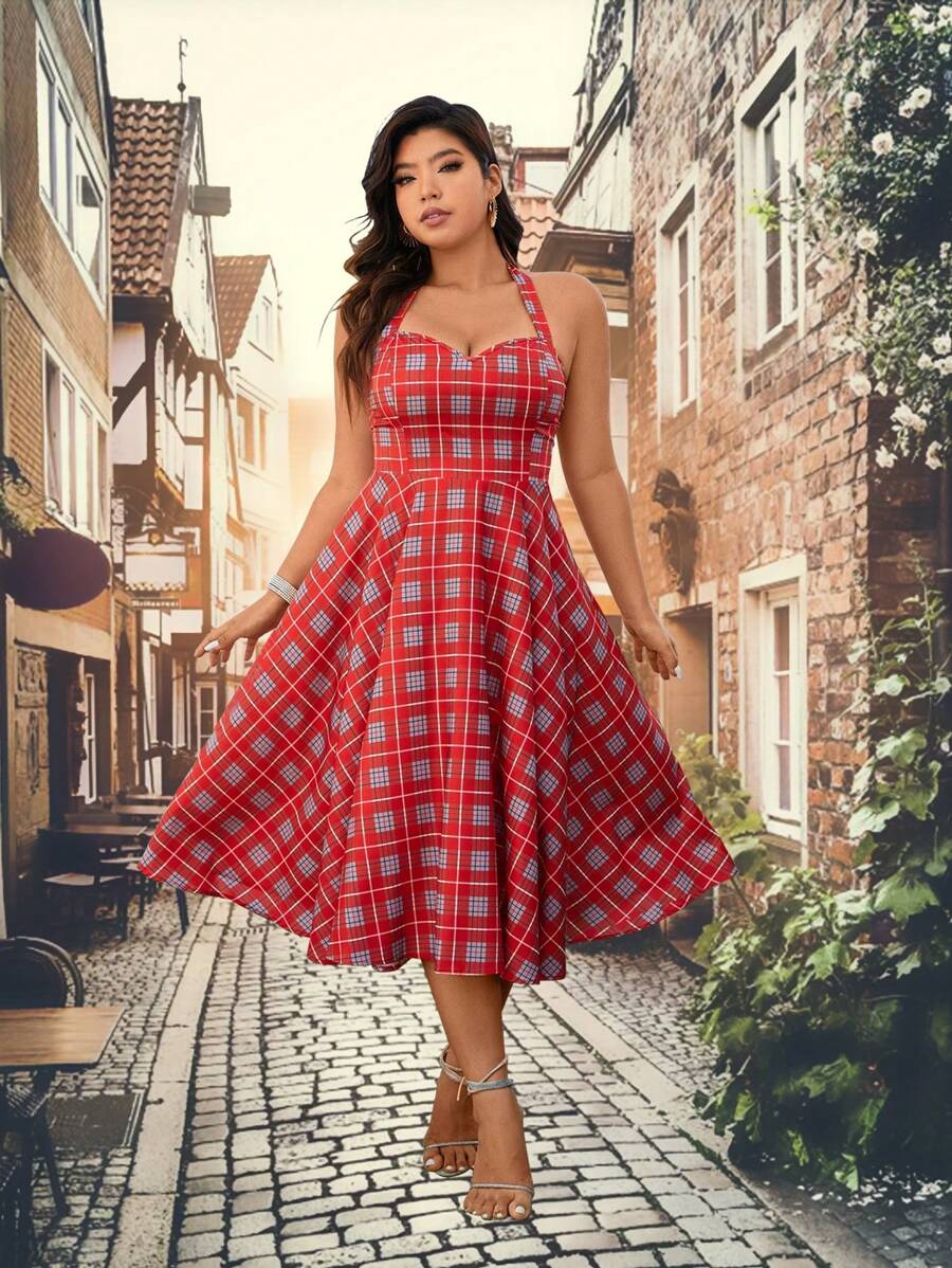 SHEIN Unity 大尺碼女裝格紋掛脖繫帶腰連身裙 - 紅色 - 查看 1