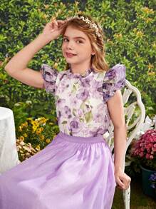 SHEIN Camisa De Organza Elegante De Patrón Floral Con Cuello De Encaje Francés Para Niñas Adolescentes Con Mangas Doble Capa Con Volantes Plisados