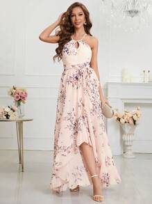 Cross-Back Printed Chiffon Dress With Lace Hemline - Multicolor - View 3