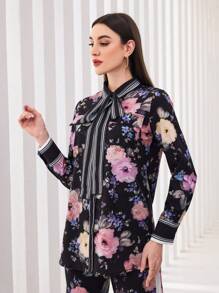 Seusyu Women's Floral Pattern Striped Collar Tie Front Shirt With Patchwork Fall Cloth For Women - Multicolor - View 5