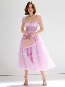 Enchnt 女士淡紫色浪漫無袖網格束腰裙,褶邊修飾 - 粉色 - 查看 2