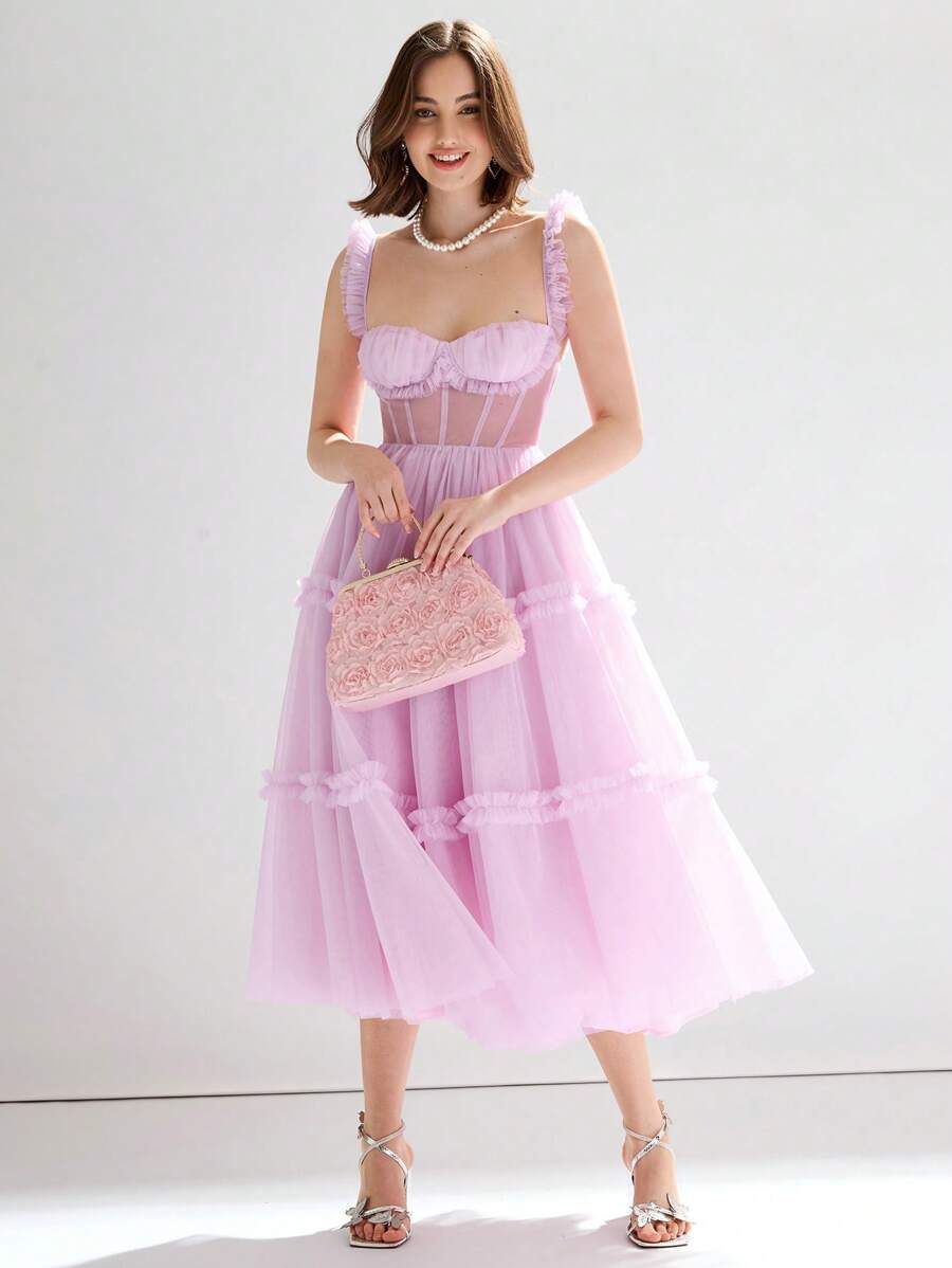 Enchnt 女士淡紫色浪漫無袖網格束腰裙,褶邊修飾