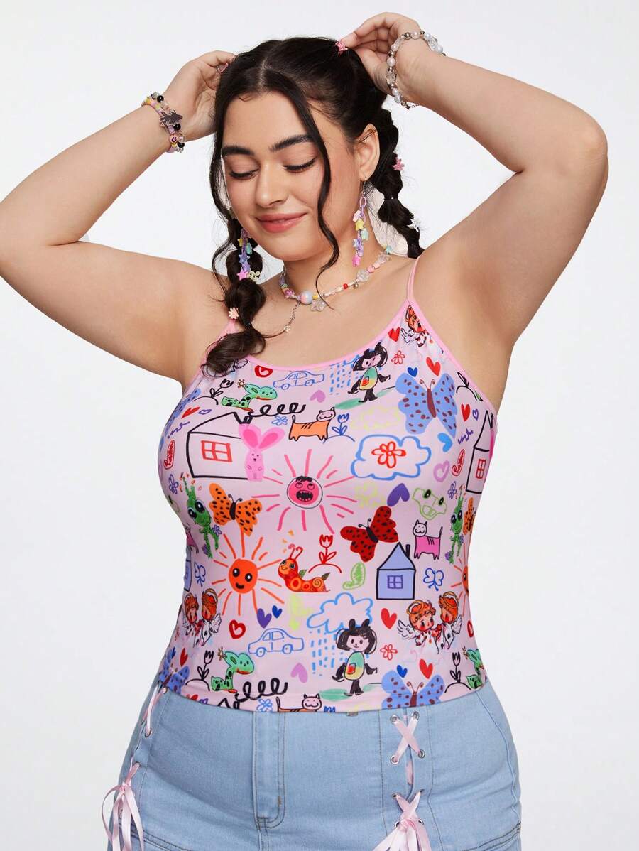 SHEIN Qutie Plus Size Doodle Tank Top - Multicolor - View 1