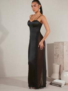 Hauture Women See-Through Contrast Mesh Cup Detail Maxi Cami Dress - Black - View 5