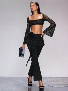SHEIN BAE Của phụ nữ Ren Siêu Tay áo loe Quần skinny Áo Với Pha lê Chỉnh trang - màu đen - Xem 3