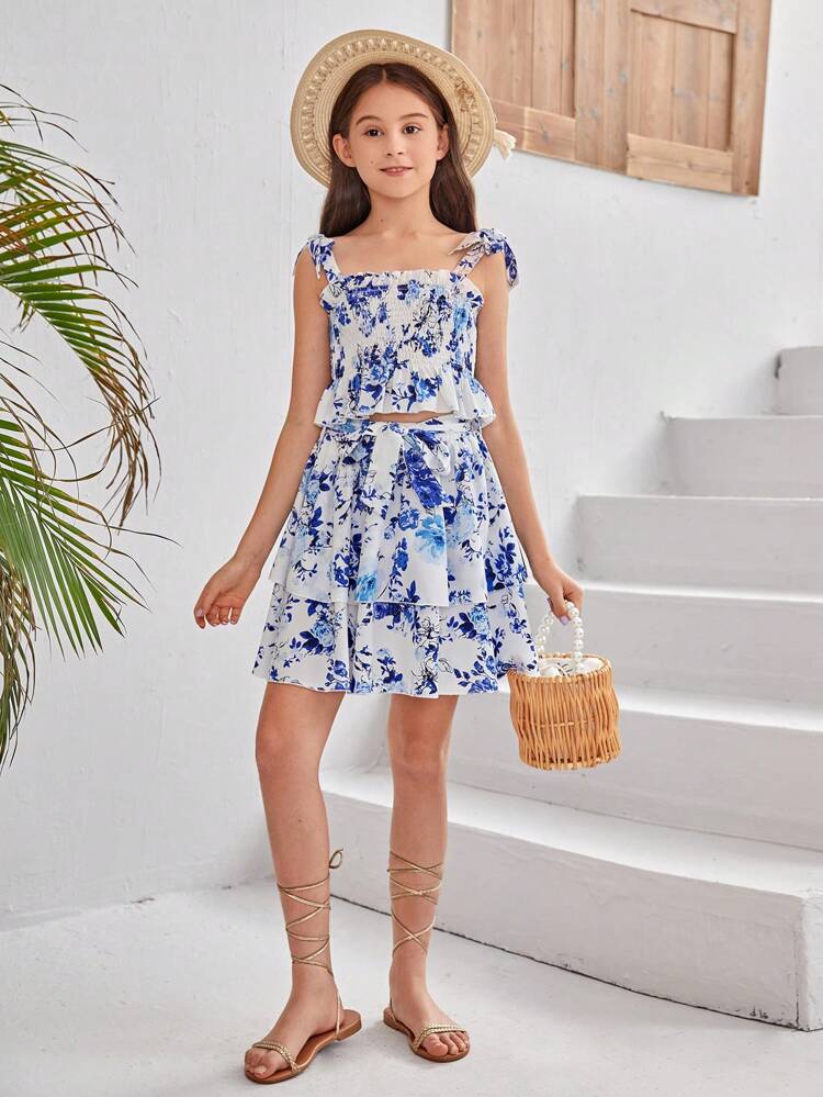 Tween Girls' Woven Floral Pleated Cami Top & Loose Woven Skirt Two Pieces Set