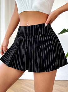 SHEIN EZwear Của phụ nữ Sọc Chân Váy xếp ly - Đen và trắng - Xem 3