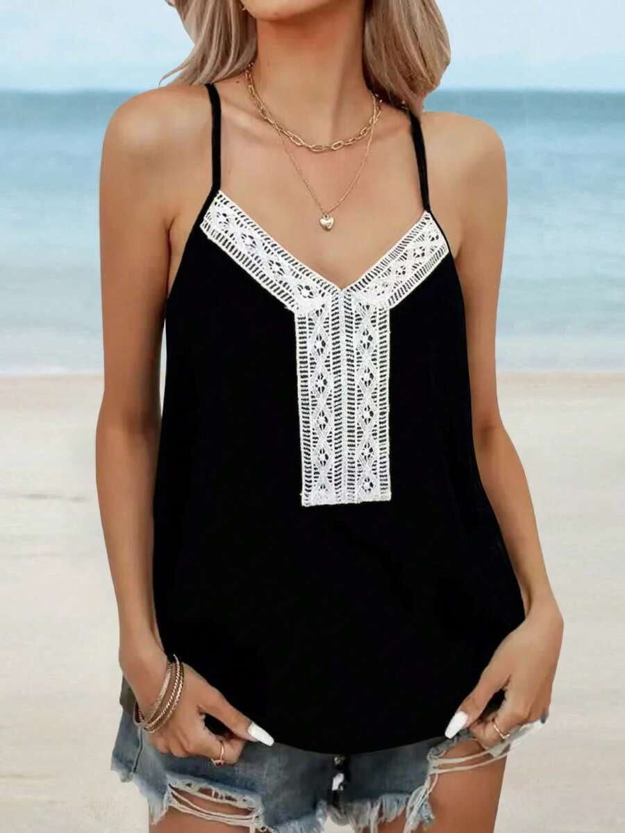 SHEIN LUNE Color-Block Lace Trim Cami Top