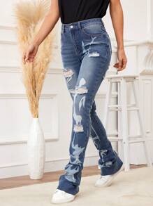 Của phụ nữ Rách Denim Quần jean - Rửa trung bình - Xem 6