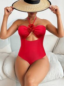 SHEIN Swim Quý cô 3D Hoa Đồ trang trí Xu hướng: Cắt giảm Dây Áo tắm một mảnh - Đỏ - Xem 5