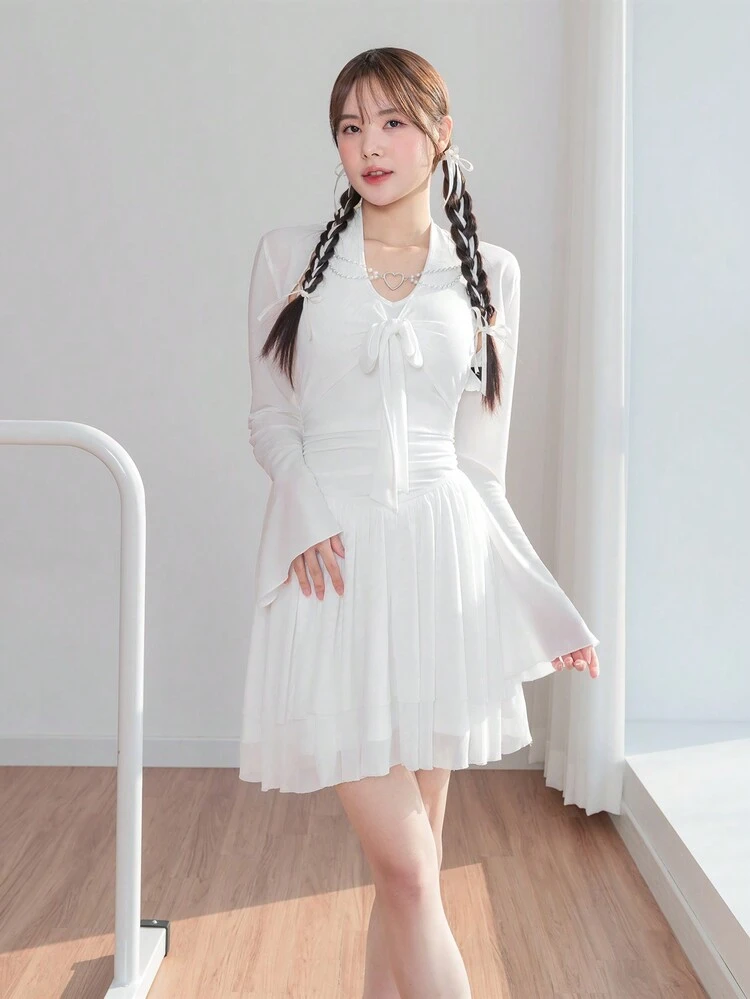 White Summer Dress Balletcore Sweet Lace-Up Bow Mesh Splice Halter Neck Two Layer Hem Mini Dress White Summer Dress