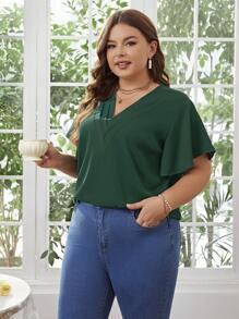 SHEIN Clasi Blusa Adornada De Talla Grande Para Mujer Con Mangas Con Volantes Y Escote En V - Verde Oscuro - Ver 3