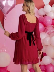 孕婦荷葉邊腰帶連衣裙 - 紅色 - 查看 3