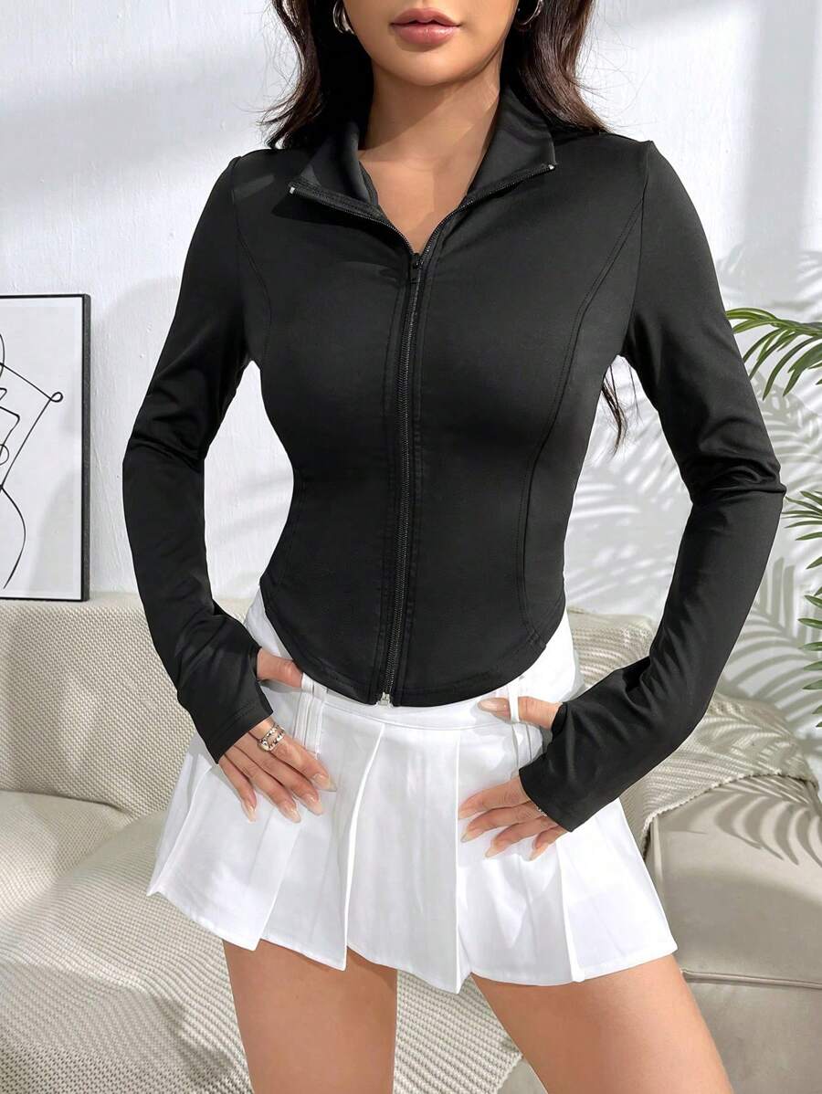 SHEIN Unity Solid Zip Up Asymmetrical Hem Jacket Fall Winter Cloth For Women - Black - View 1