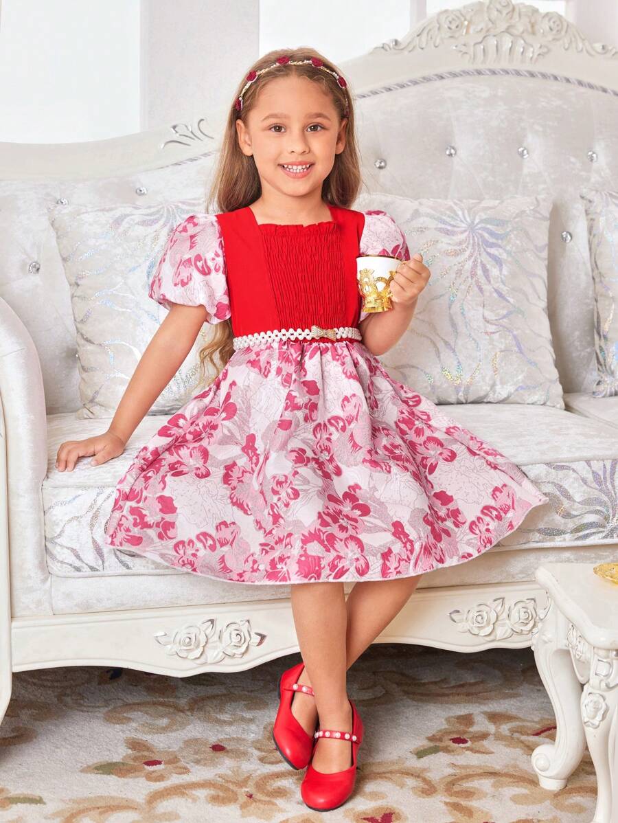 SHEIN Young Girl Red Gorgeous And Celebratory Puff Sleeves Dress - Red - View 1