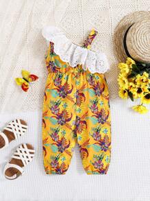 SHEIN Baby Girl's Summer Holiday Floral Print Splicing Ruffle Trim Jumpsuit - Yellow - View 1