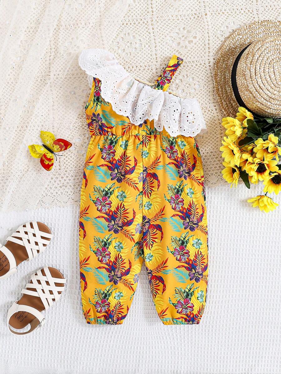 SHEIN Baby Girl's Summer Holiday Floral Print Splicing Ruffle Trim Jumpsuit - Yellow - View 1