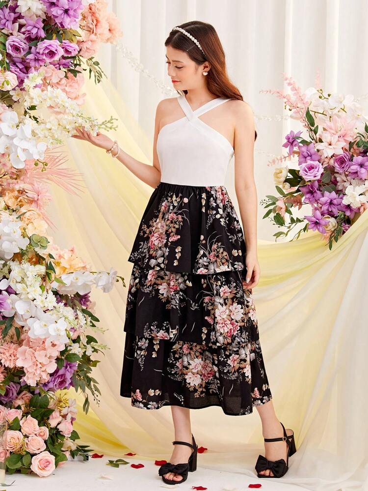 Girls' Knitted Solid Color Patchwork Floral Pattern Multi-Layer Ruffle Hem Criss-Cross Strap Dress