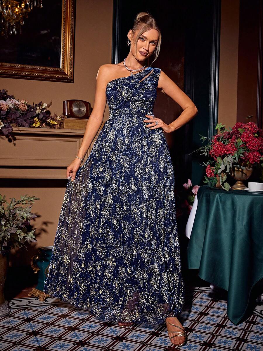 Glamaker Ladies' One Shoulder Full Body Printed Dress - Navy Blue - View 1
