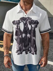 Manfinity Homme قميص مخطط لرجال كبار الحجم مع طبعات الكلاب