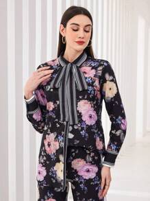 Seusyu Women's Floral Pattern Striped Collar Tie Front Shirt With Patchwork Fall Cloth For Women - Multicolor - View 8