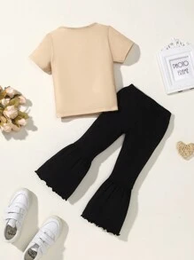 Baby Girl Street Fashion Letter Printed Top And Solid Color Flared Pants Set