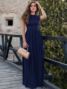 MIUSOL Elegant Floral Lace Mock Neck Cap Sleeve Pleated Hem Prom Party Dress Formal Evening Wedding Guest Gown, For Graduation, Dinner, For Valentine's Day - Navy Blue - View 5