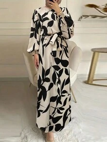 女士植物印花灯笼袖阿拉伯长裙，优雅端庄 - 彩色 - 查看 3