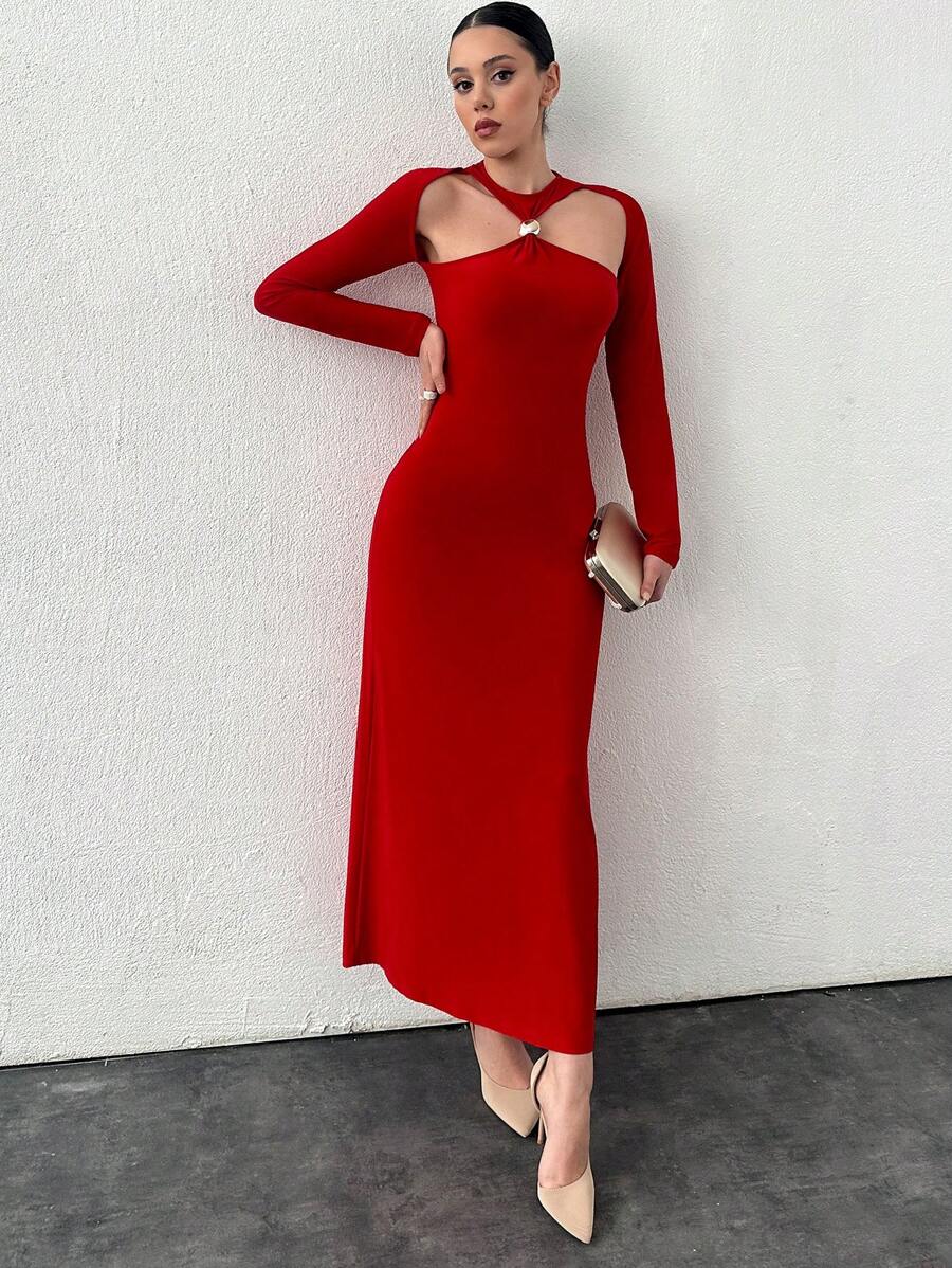 RueChic Metallic Embellished Cross Front Knit Dress With Slit, Perfect For Party And Wedding Occasions - Red - View 1