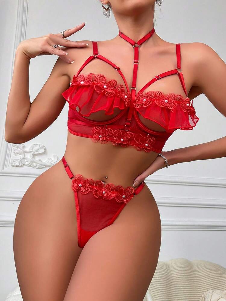 Women's Sexy Harness Lingerie Set With Underwire Bra, Garter Belt And Panty, 3pcs