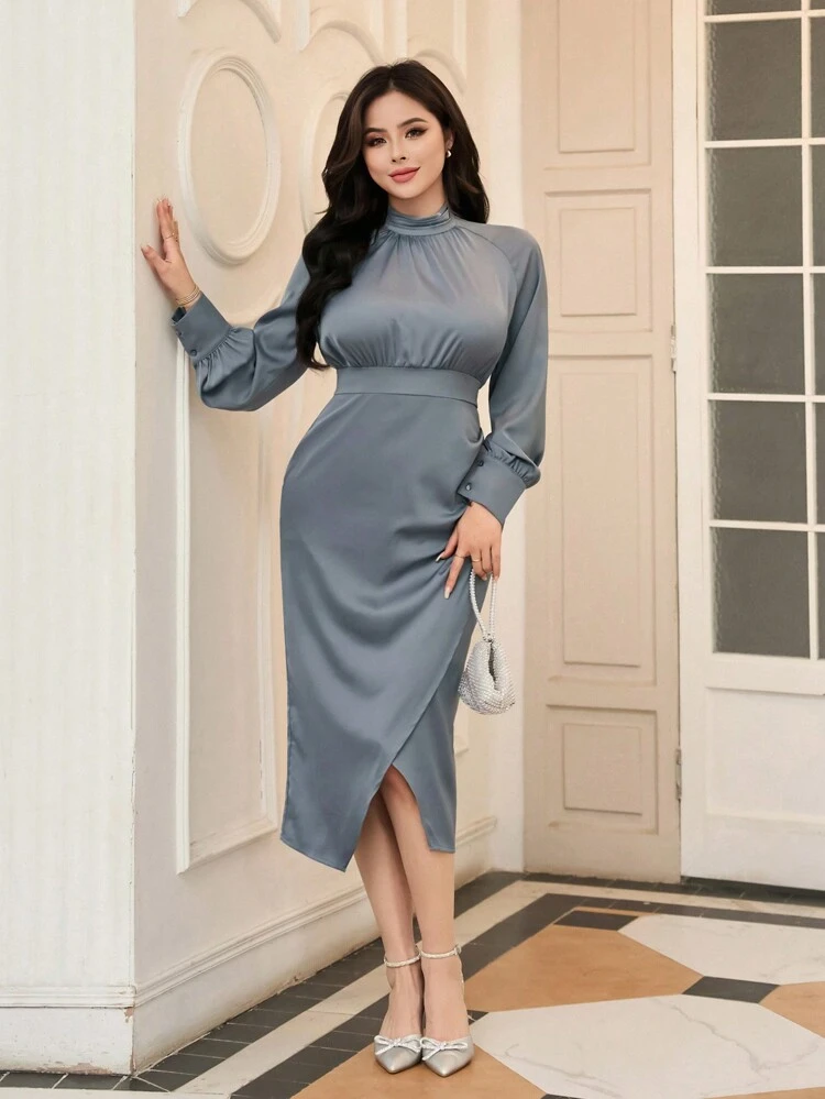 Solid Color Sleeveless Dress With Cinching Waist And Side Slit,Fall Clothes Long Sleeve Dress