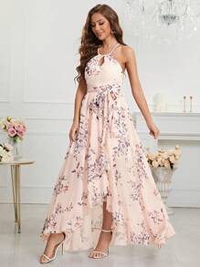 Cross-Back Printed Chiffon Dress With Lace Hemline - Multicolor - View 6