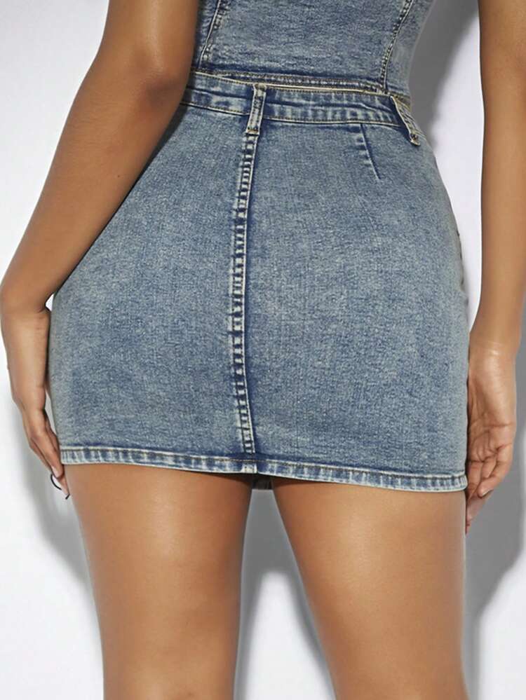 High Waist Denim Mini Skirt With Belt And Washed Effect In Blue