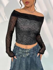 SHEIN Unity Open Shoulder Cropped Floral Lace Top Fall Cloth For Women - Black - View 4