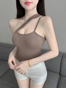 DAZY Women's Solid Color Oblique Shoulder Halter Knitted Top - Khaki - View 5