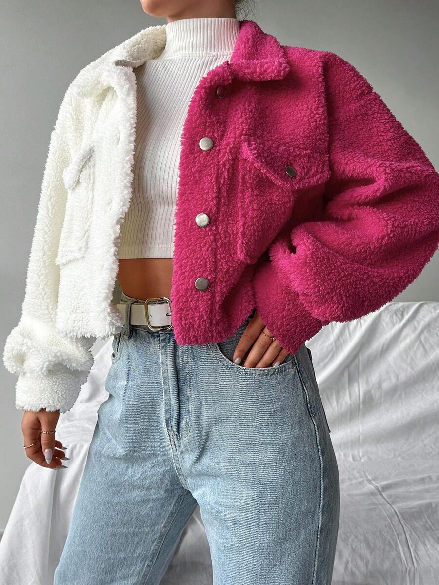SHEIN PETITE Hai âm Thả vai Áo Teddy Jackets - Hồng - Xem 1