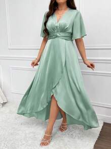 SHEIN Unity Vestido Con Abertura Alta Y Manga Acampanada Con Cuello En V De Talla Grande - Verde - Ver 3