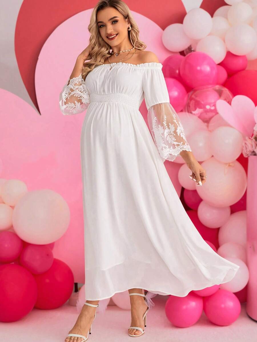 孕妇网眼撞色露肩连衣裙 - 白色 - 查看 1