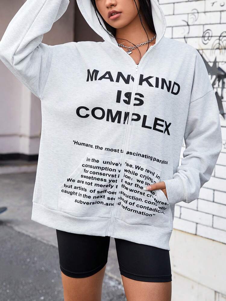 Hooded Sports Jacket With Front Zipper And Slogan Print