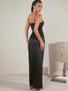 Hauture Women See-Through Contrast Mesh Cup Detail Maxi Cami Dress - Black - View 2