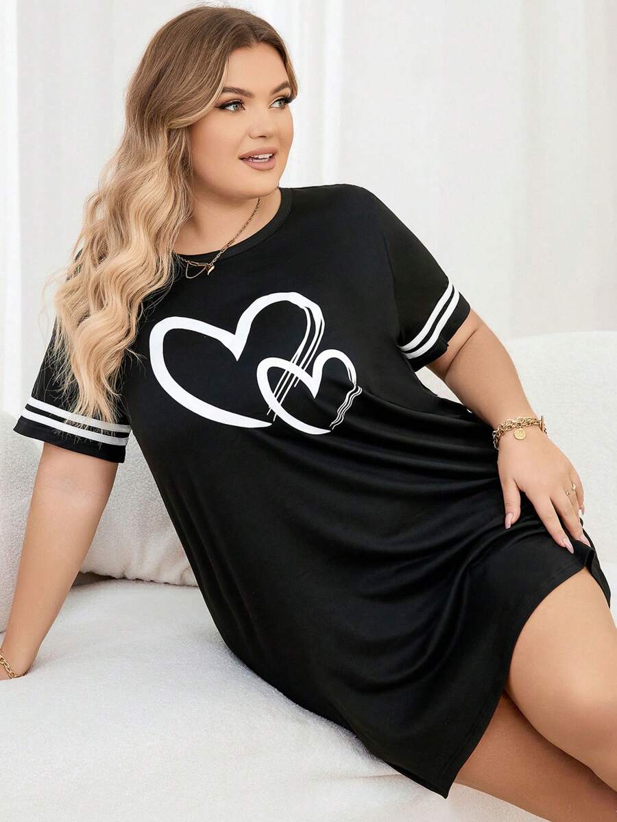Plus Size Striped Heart Print Pajama Night Dress