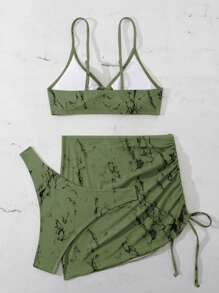 Swim SXY Women's Summer Beach Tie-Dye Circular Ring Linked Sexy Bikini 3-Piece Set (Swimsuit, Cover-Up, Skirt, Print Random) - Army Green - View 8